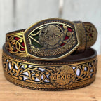 Laser Cut Leather Mexico Western Belt with Removable Buckle - Gold - OriginalWestern.com