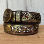 Laser Cut Leather Mexico Western Belt with Removable Buckle - Gold - OriginalWestern.com