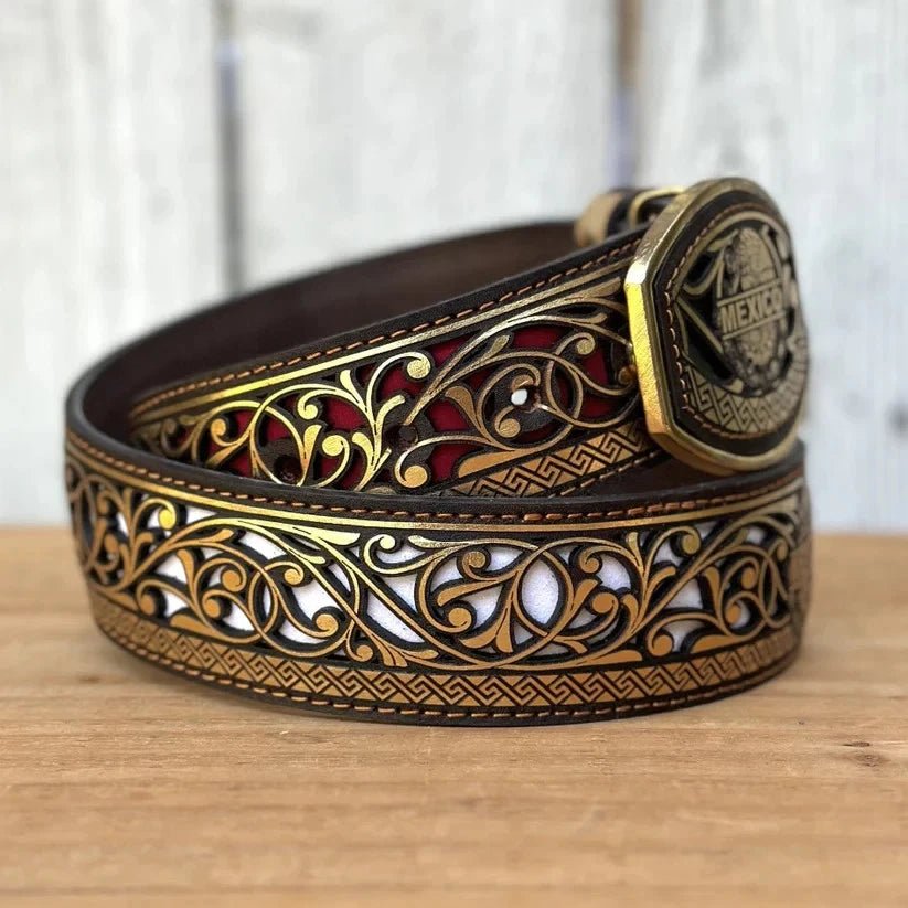 Laser Cut Leather Mexico Western Belt with Removable Buckle - Gold - OriginalWestern.com