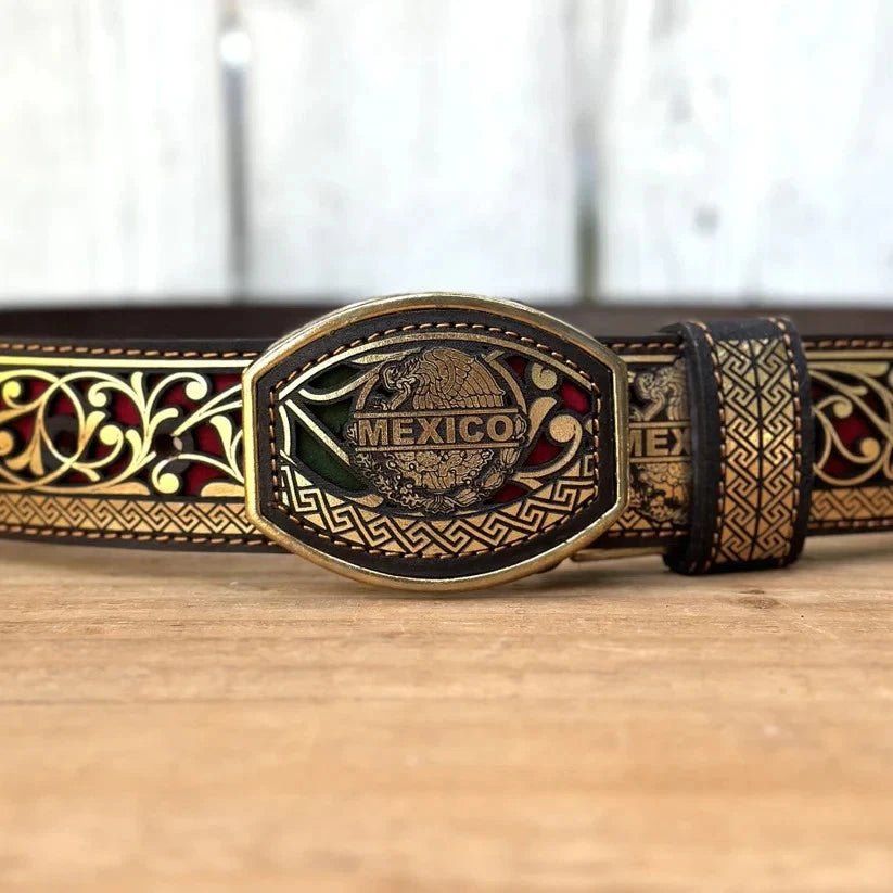 Laser Cut Leather Mexico Western Belt with Removable Buckle - Gold - OriginalWestern.com