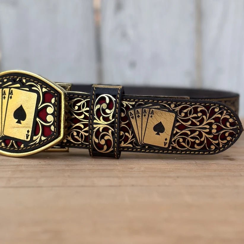 Laser Cut Leather Poker Aces Western Belt with Removable Buckle - Gold - OriginalWestern.com