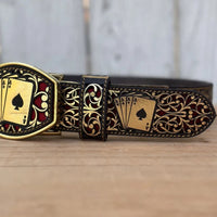 Laser Cut Leather Poker Aces Western Belt with Removable Buckle - Gold - OriginalWestern.com