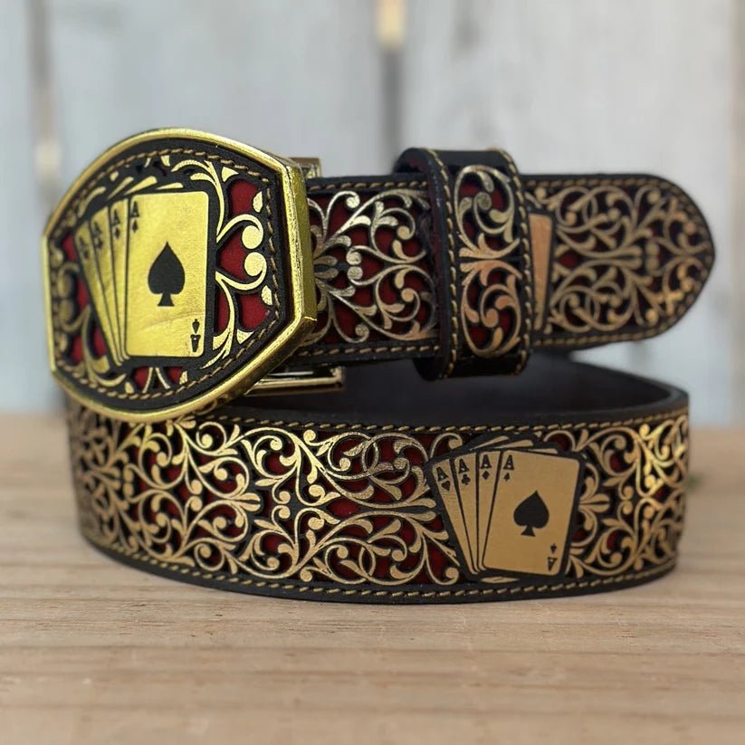 Laser Cut Leather Poker Aces Western Belt with Removable Buckle - Gold - OriginalWestern.com