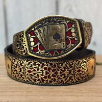 Laser Cut Leather Poker Aces Western Belt with Removable Buckle - Gold - OriginalWestern.com