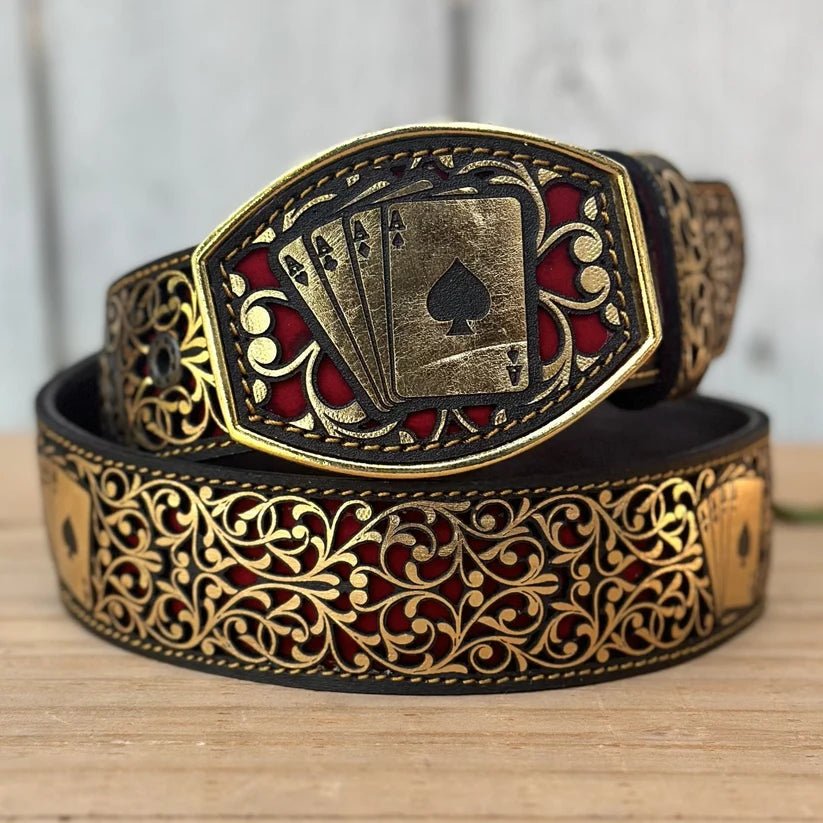Laser Cut Leather Poker Aces Western Belt with Removable Buckle - Gold - OriginalWestern.com