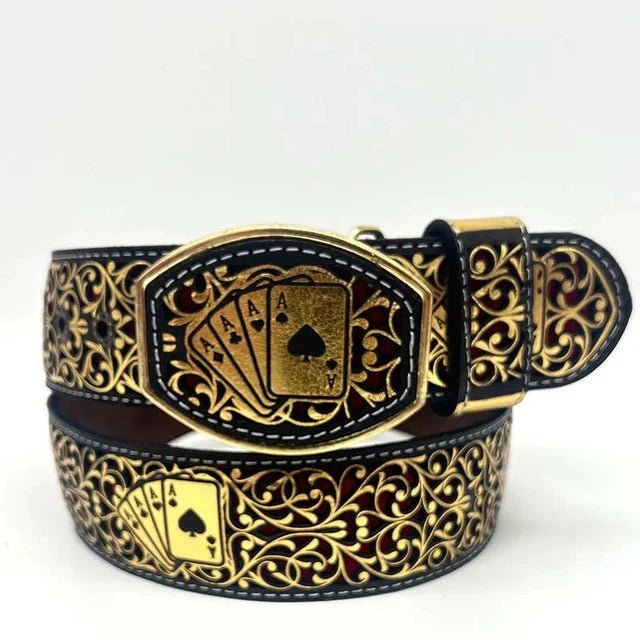 Laser Cut Leather Poker Aces Western Belt with Removable Buckle - Gold - OriginalWestern.com