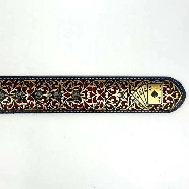 Laser Cut Leather Poker Aces Western Belt with Removable Buckle - Gold - OriginalWestern.com