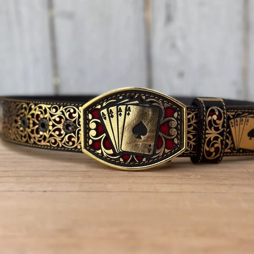 Laser Cut Leather Poker Aces Western Belt with Removable Buckle - Gold - OriginalWestern.com