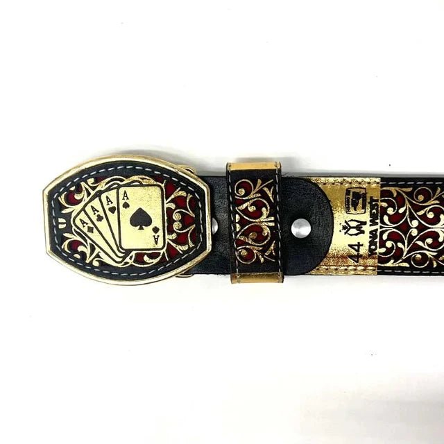 Laser Cut Leather Poker Aces Western Belt with Removable Buckle - Gold - OriginalWestern.com