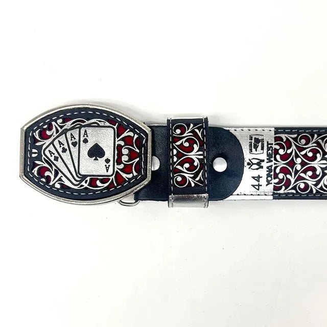 Laser Cut Leather Poker Aces Western Belt with Removable Buckle - Silver - OriginalWestern.com
