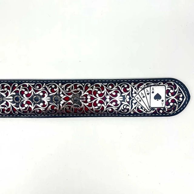 Laser Cut Leather Poker Aces Western Belt with Removable Buckle - Silver - OriginalWestern.com