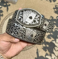 Laser Cut Leather Poker Aces Western Belt with Removable Buckle - Silver - OriginalWestern.com