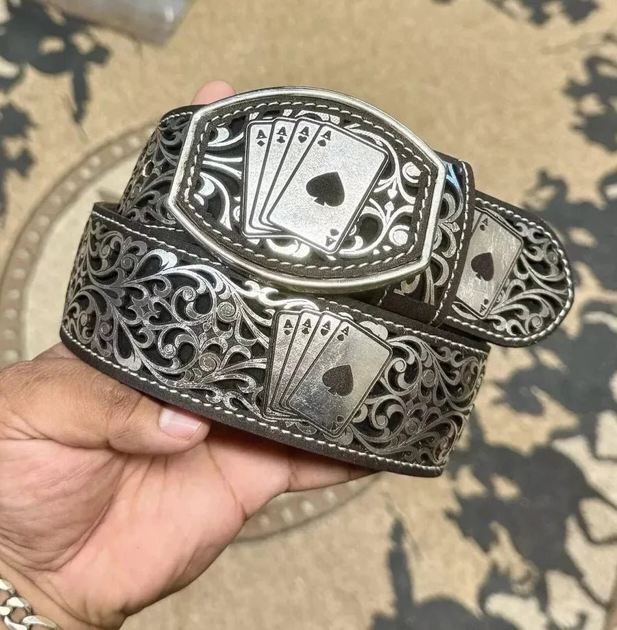 Laser Cut Leather Poker Aces Western Belt with Removable Buckle - Silver - OriginalWestern.com