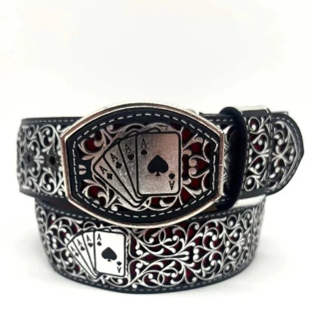 Laser Cut Leather Poker Aces Western Belt with Removable Buckle - Silver - OriginalWestern.com