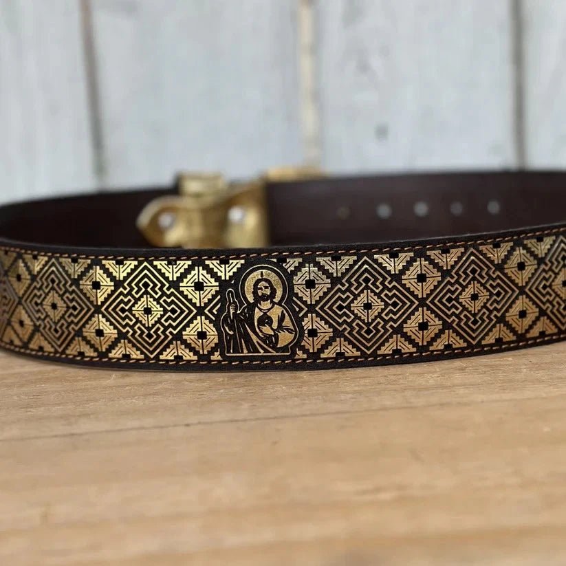 Laser Cut Leather San Judas Western Belt with Removable Buckle - Gold - OriginalWestern.com