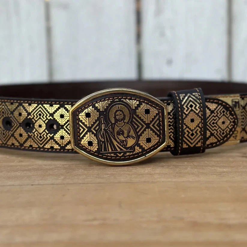 Laser Cut Leather San Judas Western Belt with Removable Buckle - Gold - OriginalWestern.com