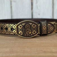 Laser Cut Leather San Judas Western Belt with Removable Buckle - Gold - OriginalWestern.com