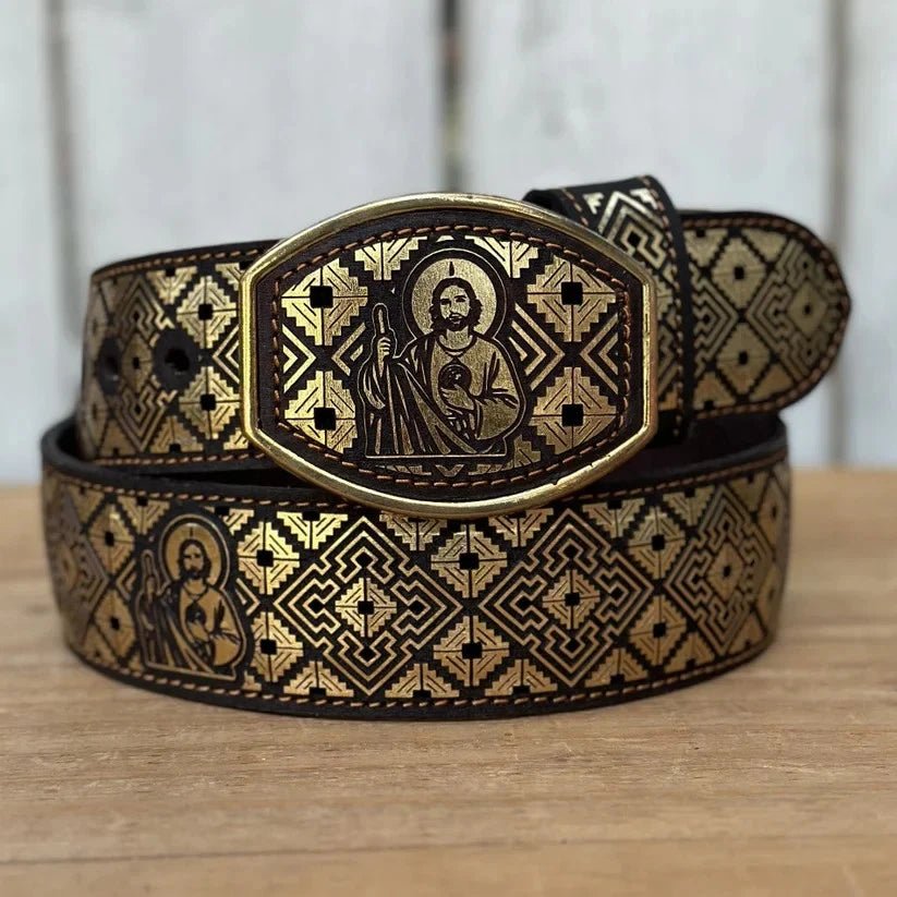 Laser Cut Leather San Judas Western Belt with Removable Buckle - Gold - OriginalWestern.com