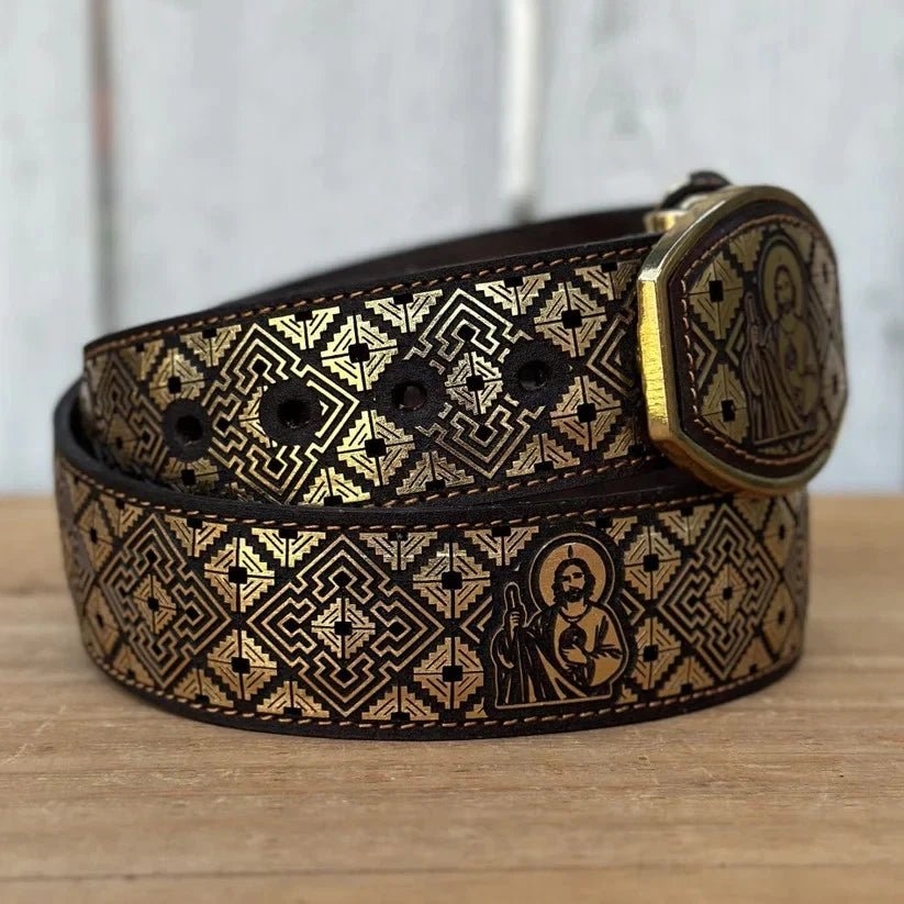 Laser Cut Leather San Judas Western Belt with Removable Buckle - Gold - OriginalWestern.com