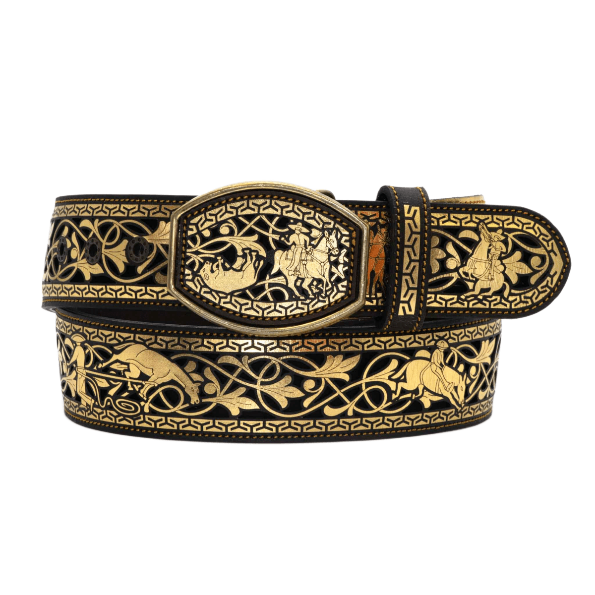 Laser Cut Leather Suerte Charra Western Belt with Removable Buckle - Gold - OriginalWestern.com