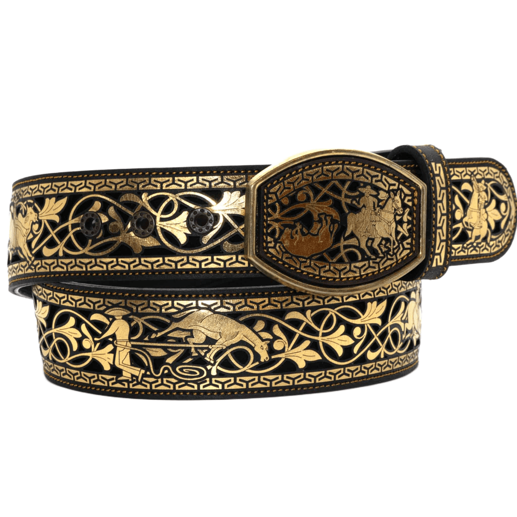Laser Cut Leather Suerte Charra Western Belt with Removable Buckle - Gold - OriginalWestern.com