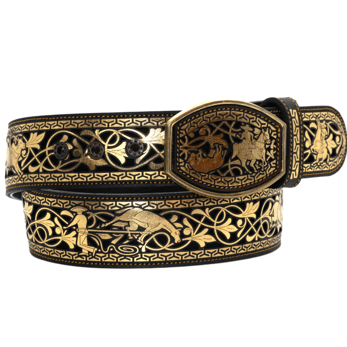 Laser Cut Leather Suerte Charra Western Belt with Removable Buckle - Gold - OriginalWestern.com