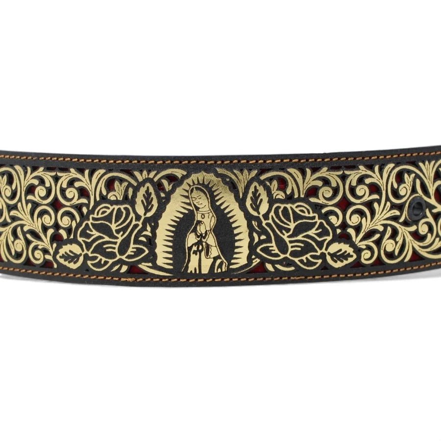 Laser Cut Leather Virgen de Guadalupe Western Belt with Removable Buckle - Gold - OriginalWestern.com