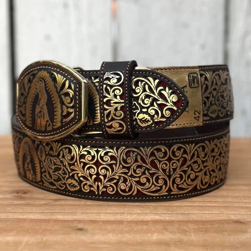 Laser Cut Leather Virgen de Guadalupe Western Belt with Removable Buckle - Gold - OriginalWestern.com