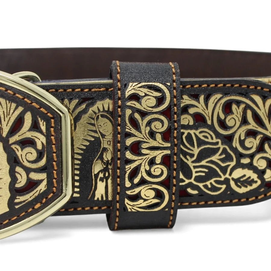 Laser Cut Leather Virgen de Guadalupe Western Belt with Removable Buckle - Gold - OriginalWestern.com
