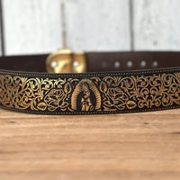 Laser Cut Leather Virgen de Guadalupe Western Belt with Removable Buckle - Gold - OriginalWestern.com
