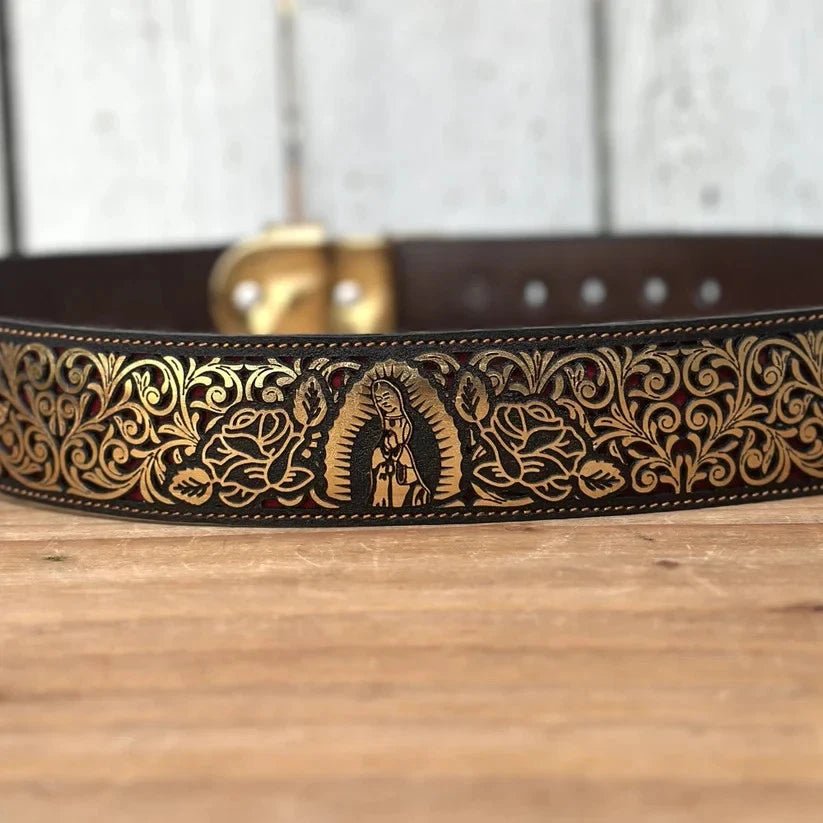 Laser Cut Leather Virgen de Guadalupe Western Belt with Removable Buckle - Gold - OriginalWestern.com