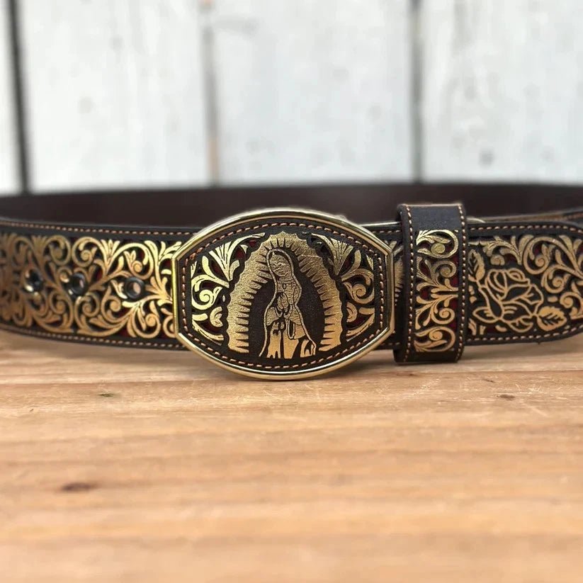 Laser Cut Leather Virgen de Guadalupe Western Belt with Removable Buckle - Gold - OriginalWestern.com