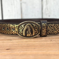Laser Cut Leather Virgen de Guadalupe Western Belt with Removable Buckle - Gold - OriginalWestern.com