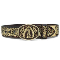 Laser Cut Leather Virgen de Guadalupe Western Belt with Removable Buckle - Gold - OriginalWestern.com