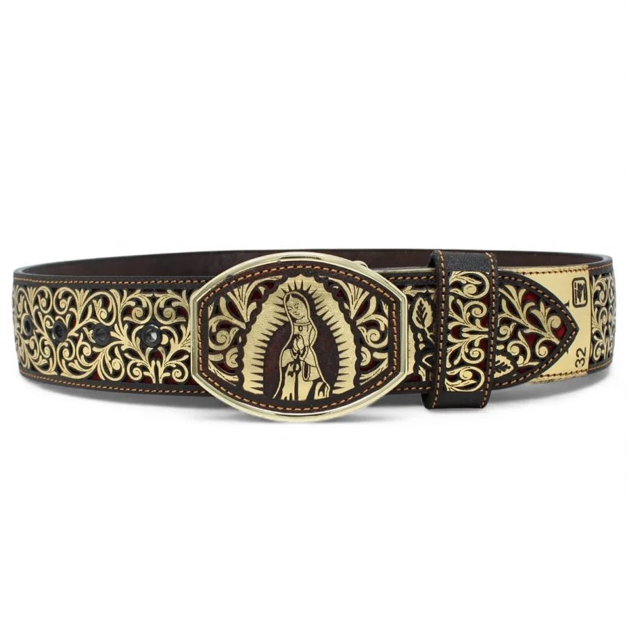 Laser Cut Leather Virgen de Guadalupe Western Belt with Removable Buckle - Gold - OriginalWestern.com