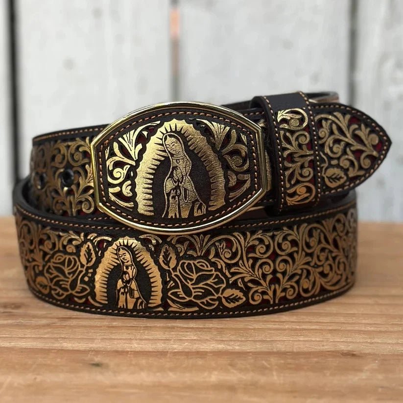 Laser Cut Leather Virgen de Guadalupe Western Belt with Removable Buckle - Gold - OriginalWestern.com