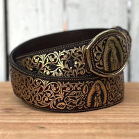 Laser Cut Leather Virgen de Guadalupe Western Belt with Removable Buckle - Gold - OriginalWestern.com