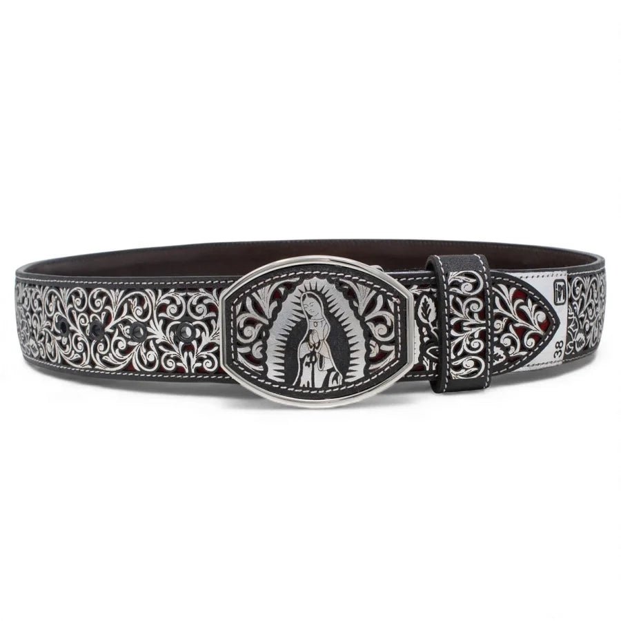Laser Cut Leather Virgen de Guadalupe Western Belt with Removable Buckle - Silver - OriginalWestern.com