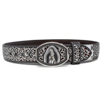 Laser Cut Leather Virgen de Guadalupe Western Belt with Removable Buckle - Silver - OriginalWestern.com