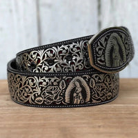 Laser Cut Leather Virgen de Guadalupe Western Belt with Removable Buckle - Silver - OriginalWestern.com