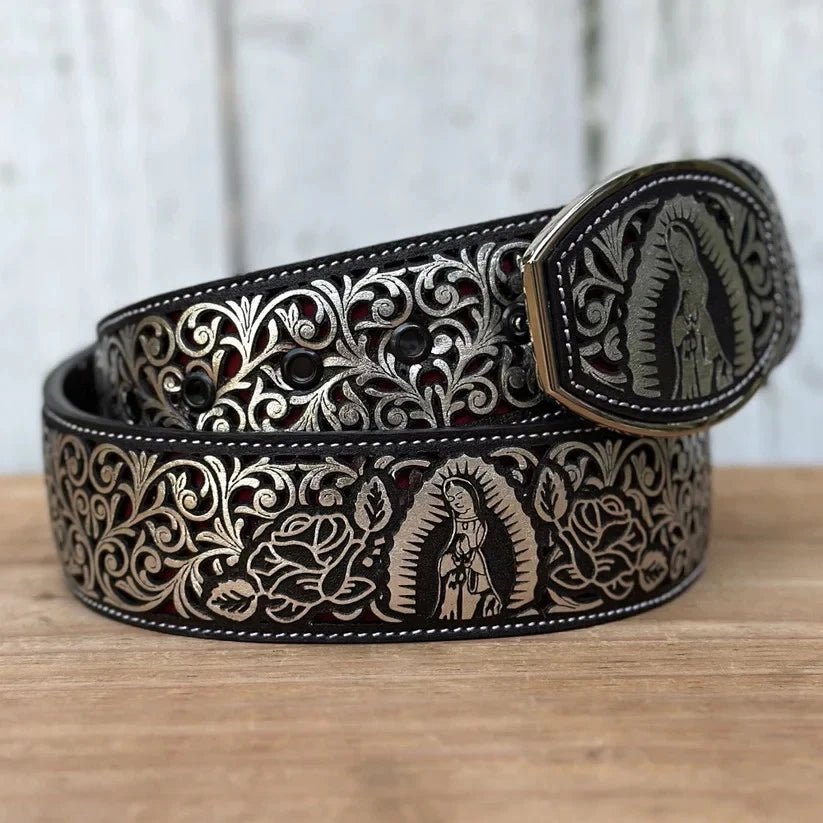 Laser Cut Leather Virgen de Guadalupe Western Belt with Removable Buckle - Silver - OriginalWestern.com