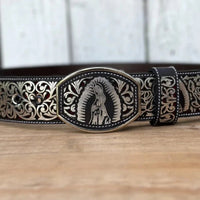 Laser Cut Leather Virgen de Guadalupe Western Belt with Removable Buckle - Silver - OriginalWestern.com