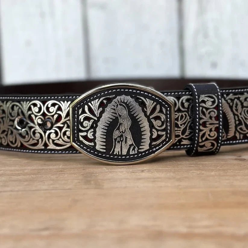 Laser Cut Leather Virgen de Guadalupe Western Belt with Removable Buckle - Silver - OriginalWestern.com