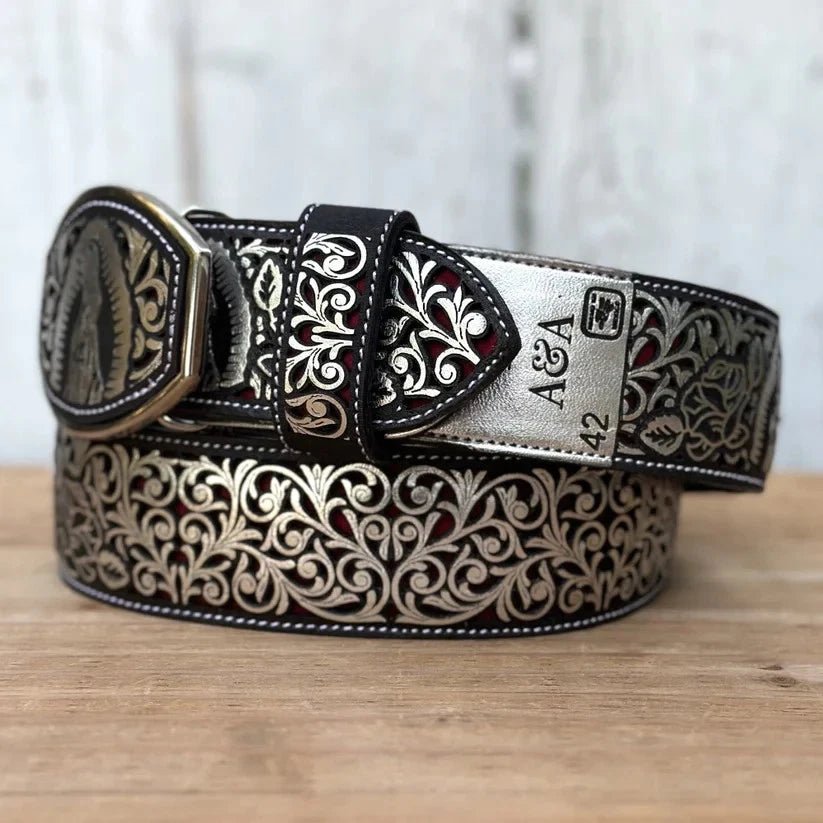 Laser Cut Leather Virgen de Guadalupe Western Belt with Removable Buckle - Silver - OriginalWestern.com