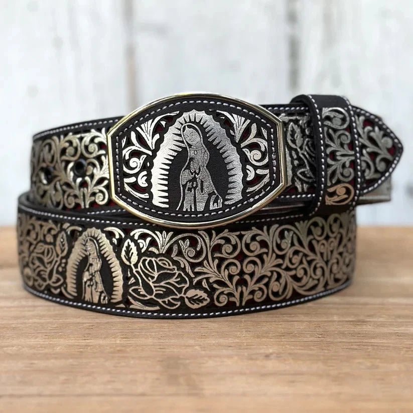 Laser Cut Leather Virgen de Guadalupe Western Belt with Removable Buckle - Silver - OriginalWestern.com