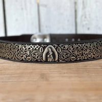 Laser Cut Leather Virgen de Guadalupe Western Belt with Removable Buckle - Silver - OriginalWestern.com