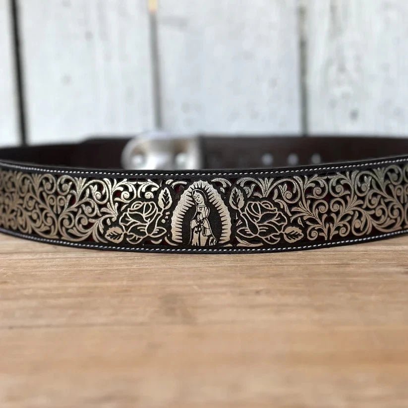 Laser Cut Leather Virgen de Guadalupe Western Belt with Removable Buckle - Silver - OriginalWestern.com