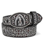 Laser Cut Leather Virgen de Guadalupe Western Belt with Removable Buckle - Silver - OriginalWestern.com