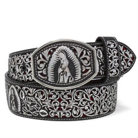 Laser Cut Leather Virgen de Guadalupe Western Belt with Removable Buckle - Silver - OriginalWestern.com