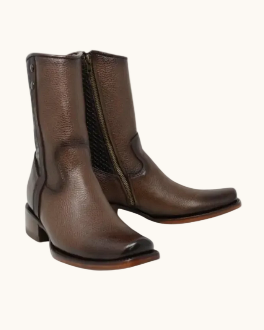 Leather mid-calf square toe boots with side zipper